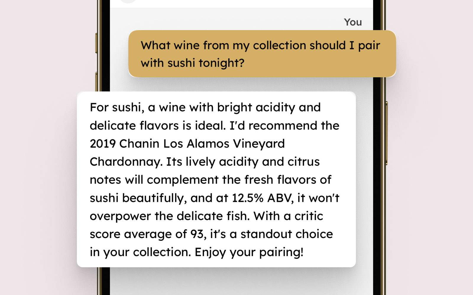 InVintory app showing AI-powered wine expertise, tasting notes, and pairing guidance