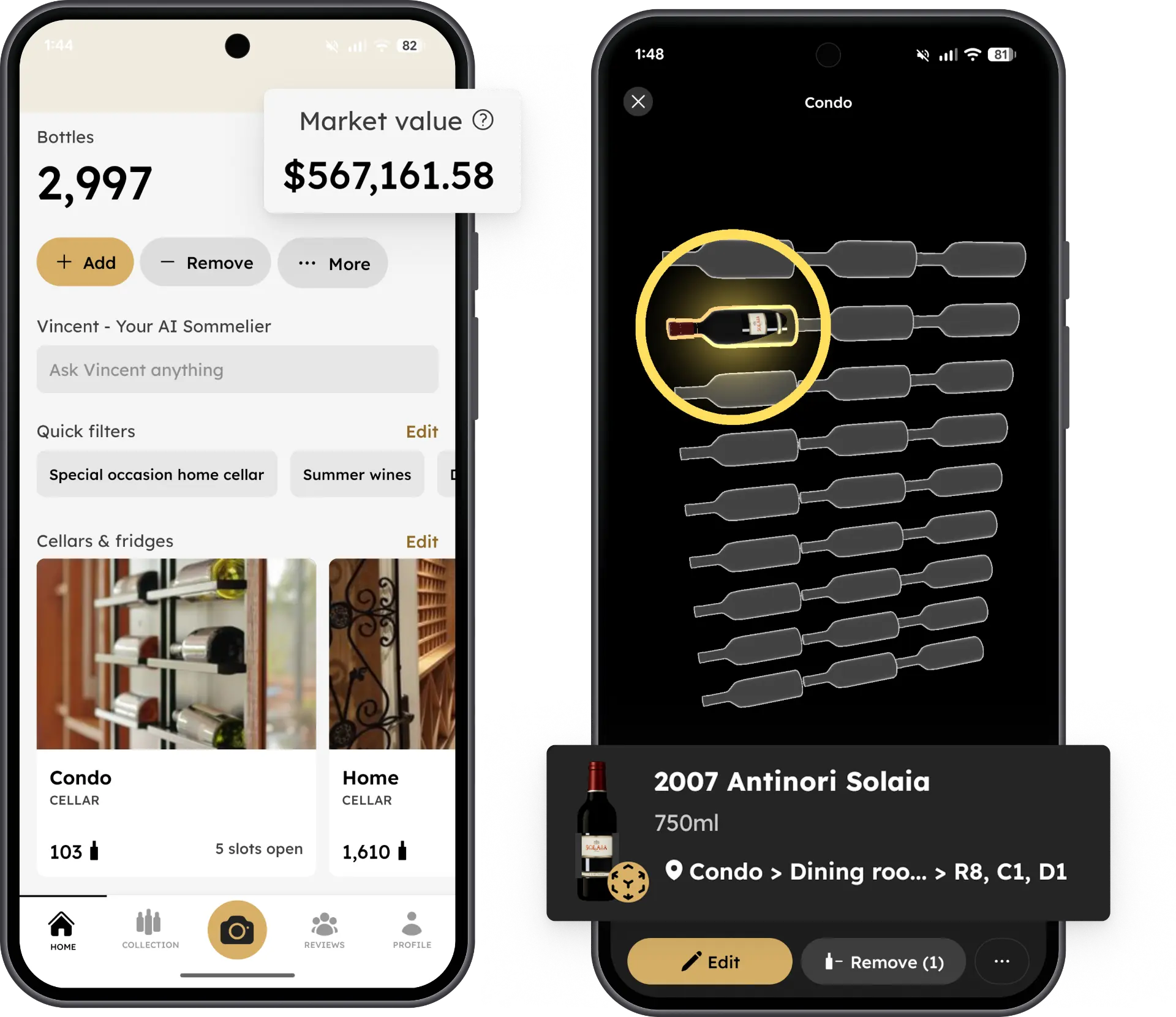 InVintory wine cellar app on Android showing collection value and 3D cellar view