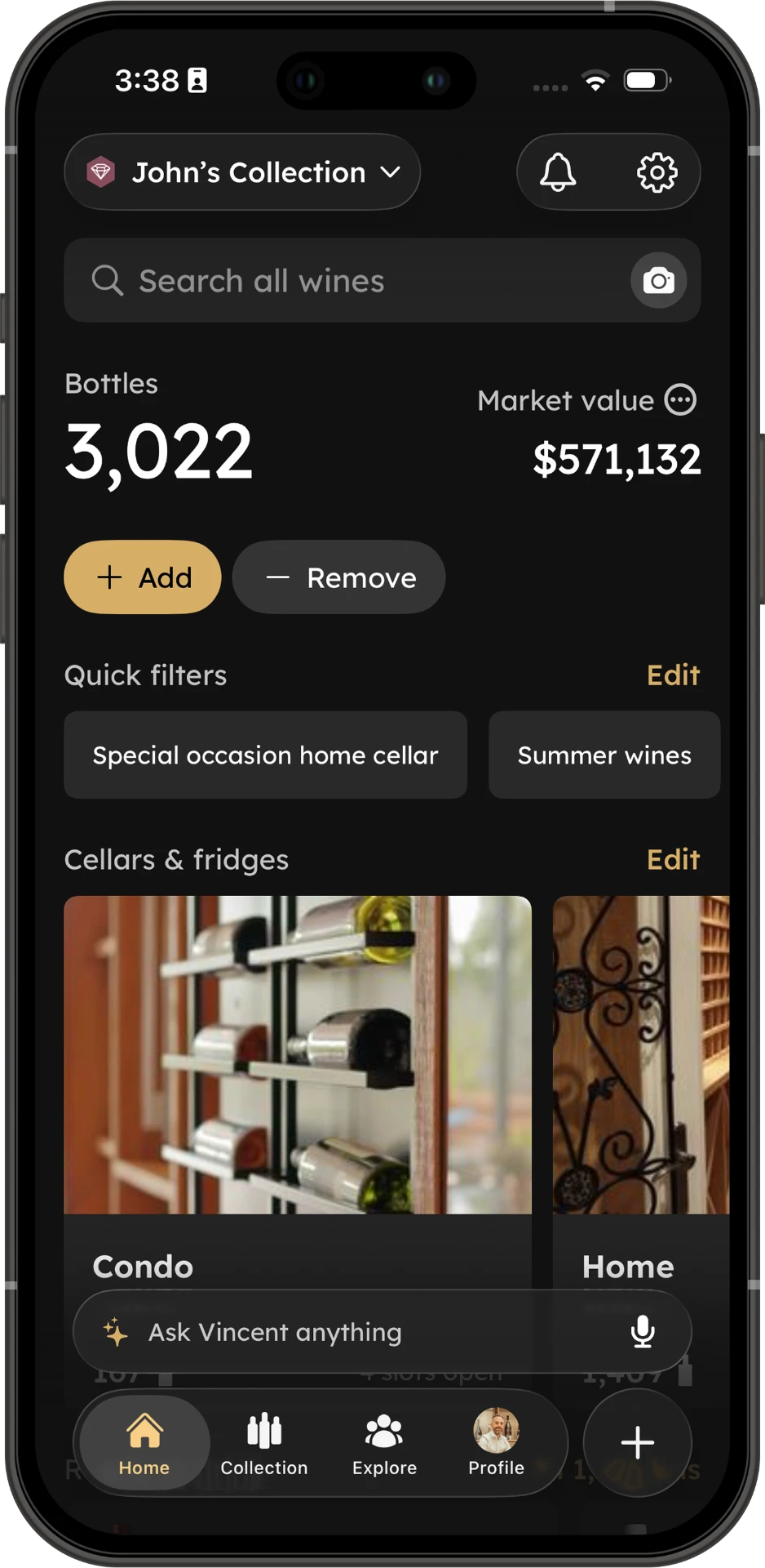 InVintory collection home showing bottle count, market value, quick filters, and client cellars.