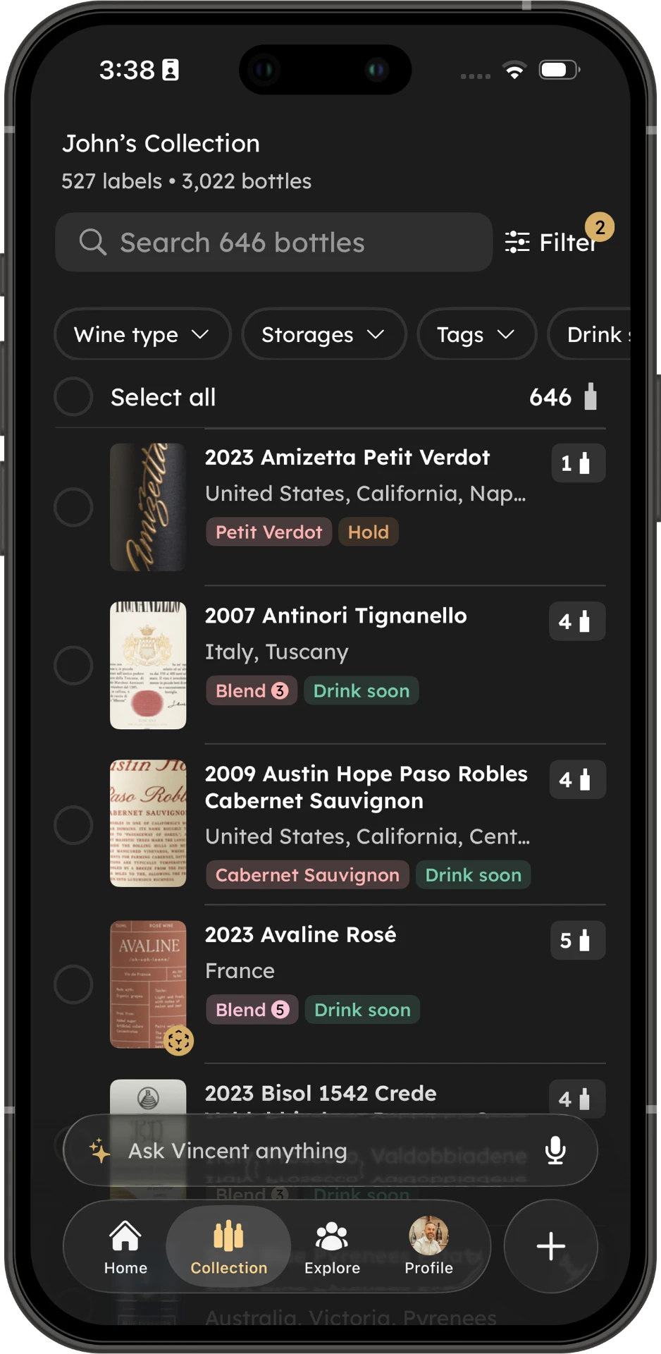 InVintory collection list showing searchable wines, filters, bottle quantities, and drink status.