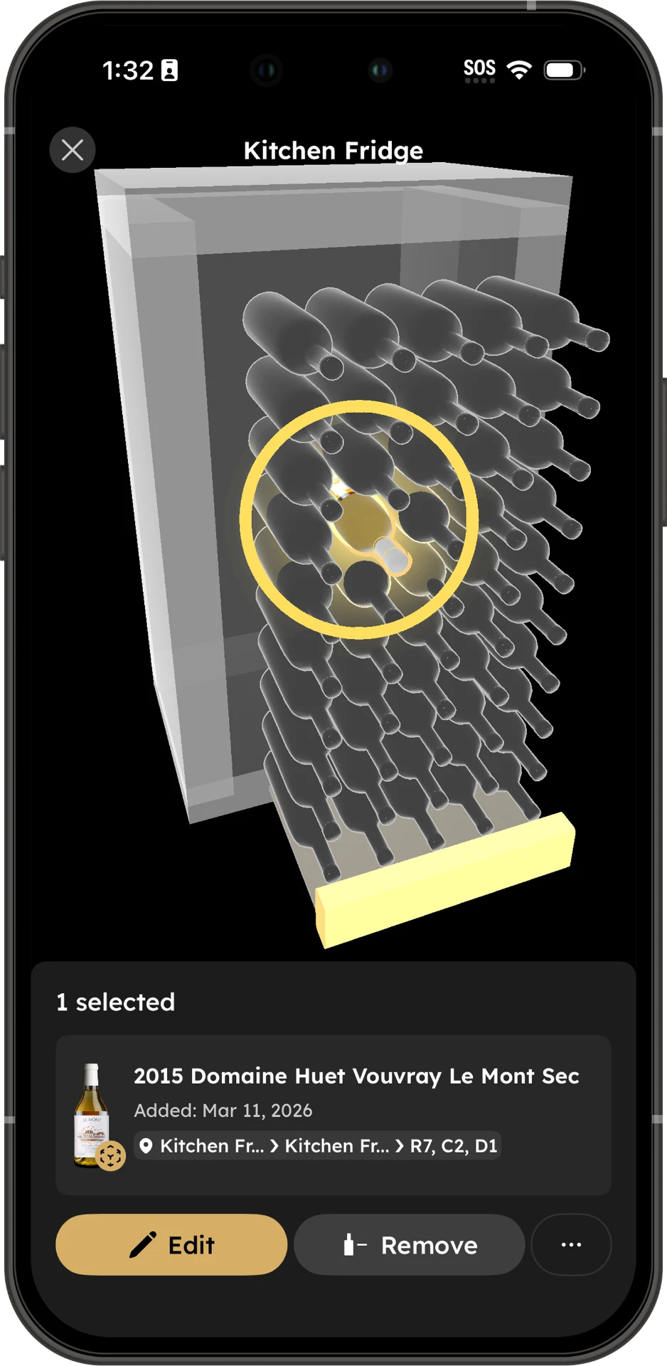 VinLocate 3D wine fridge view highlighting the exact location of a selected bottle.