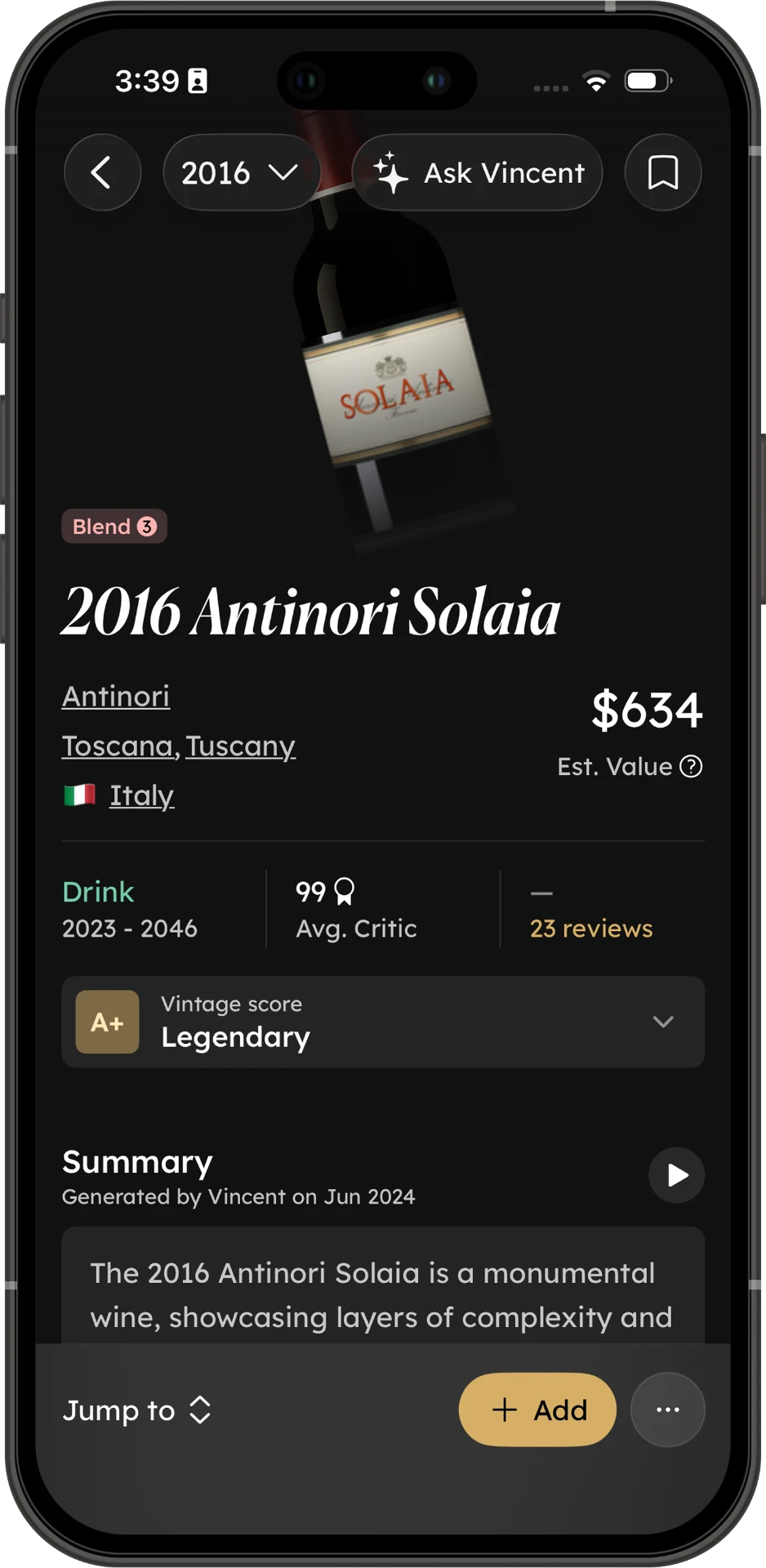 InVintory wine guide showing a bottle's drink window, critic score, market value, and vintage score.